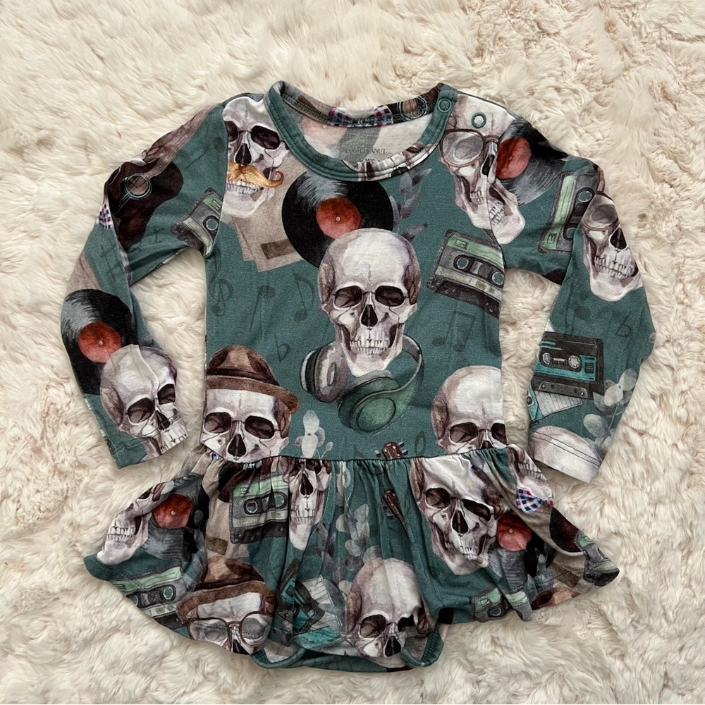 Posh Peanut Sheldon Skirted Bodysuit Romper Skulls Print 6-12 months